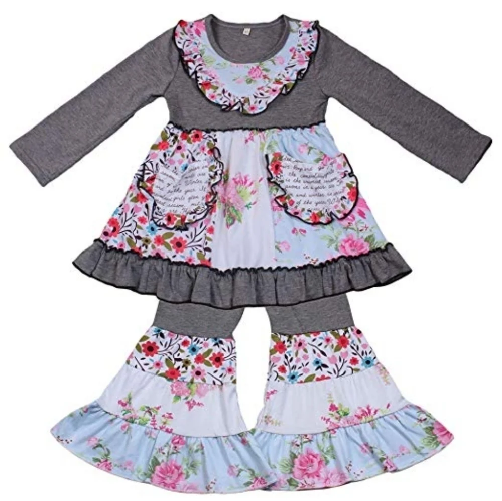 🐑 NWOT Little Girl's Floral Ruffle Party Outfit Gray Blue . Size 6-7 yrs.